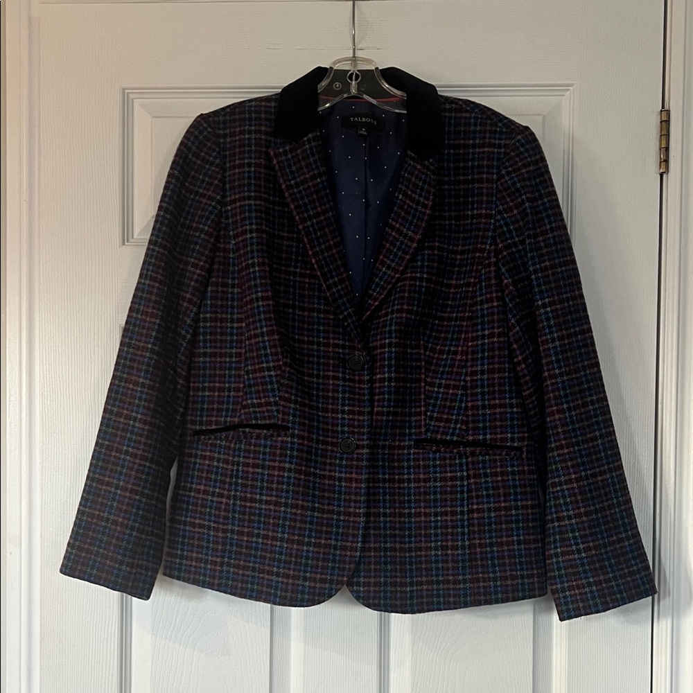 Talbots Blue plaid Blazer with velvet collar